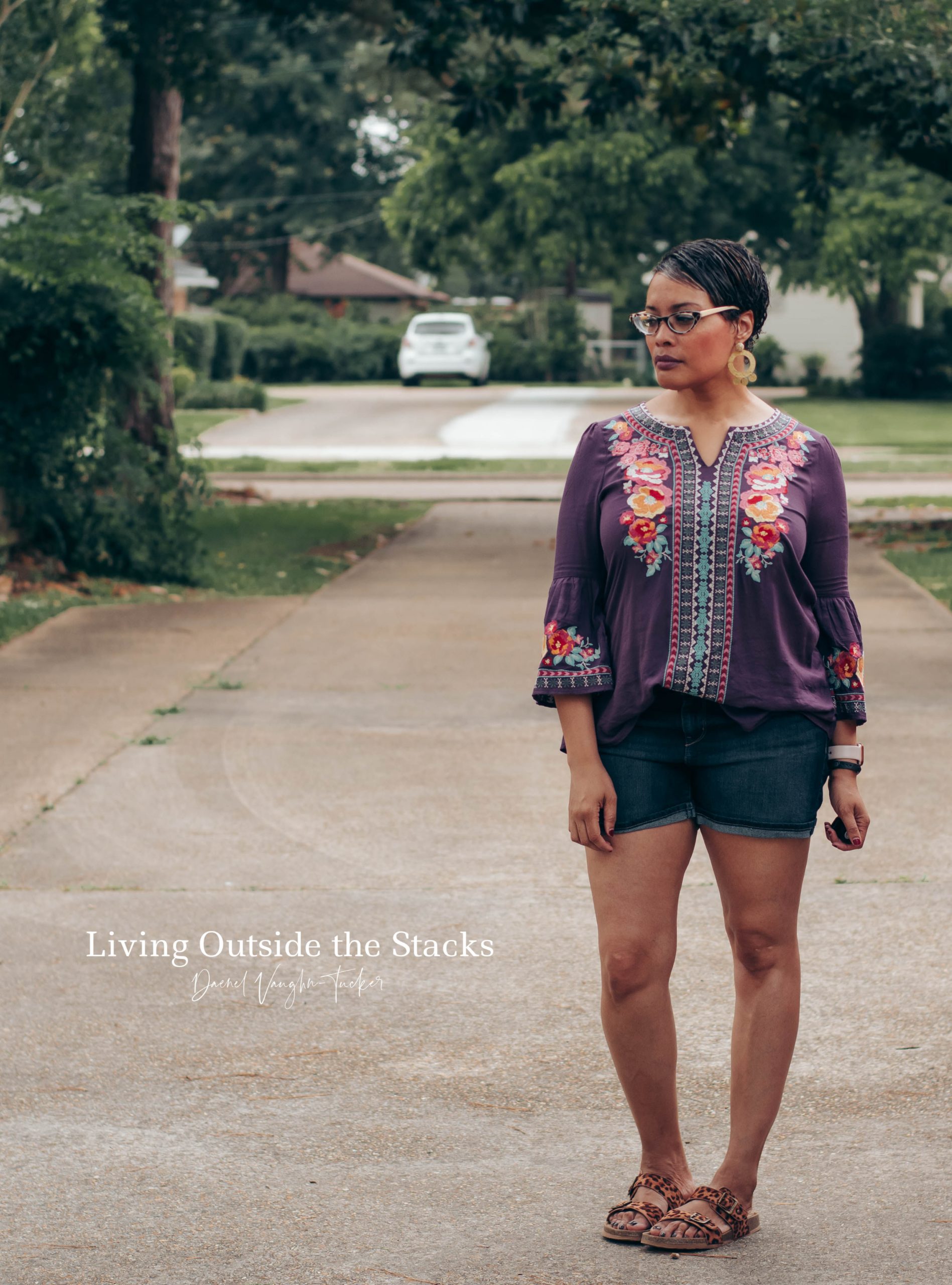  Purple Embroidered Top Denim Shorts and Animal Print Slides {living outside the stacks}