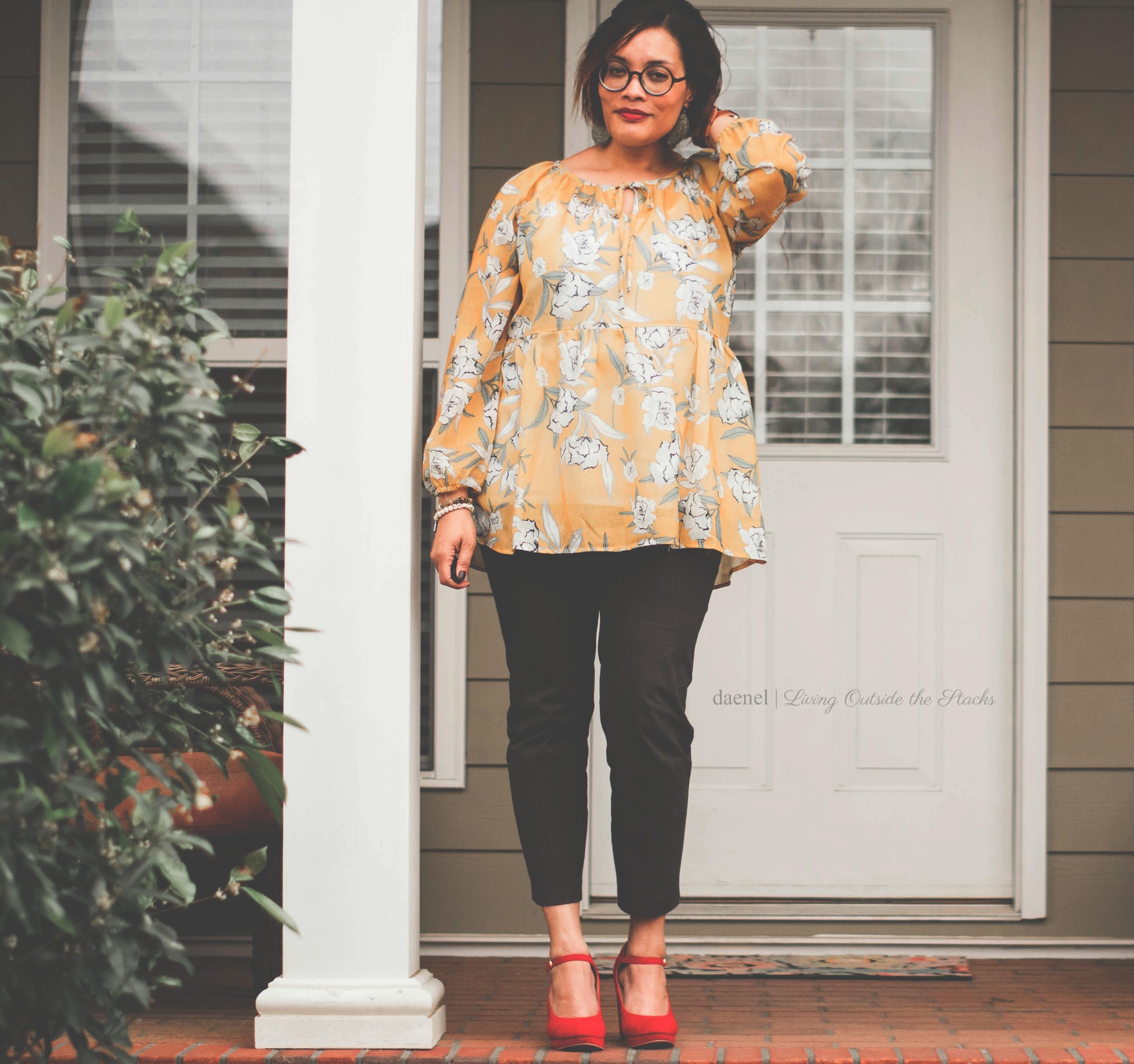 Yellow Floral Top Black Pants and Red Wedges {living outside the stacks}