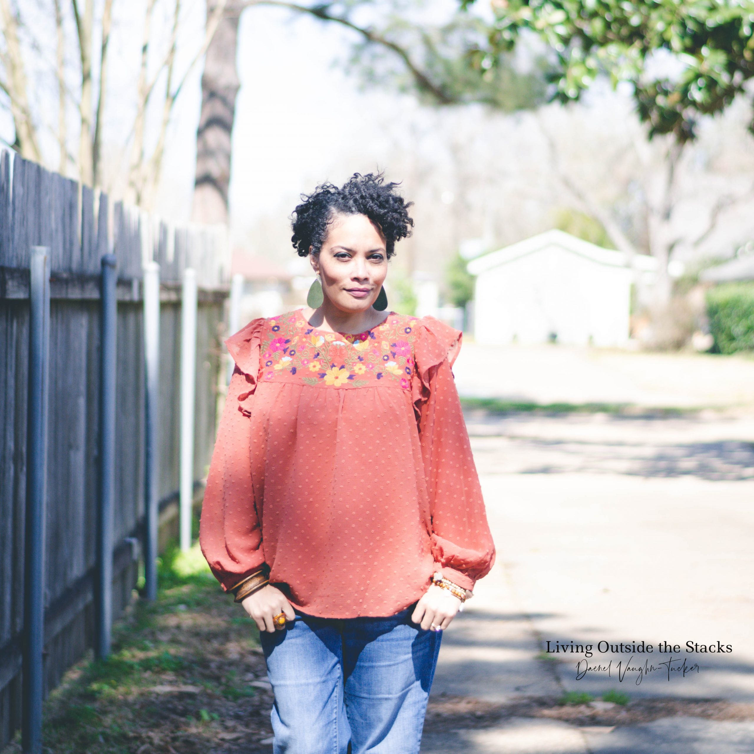 Orange Embroidered Top Jeans and Clogs {living outside the stacks}