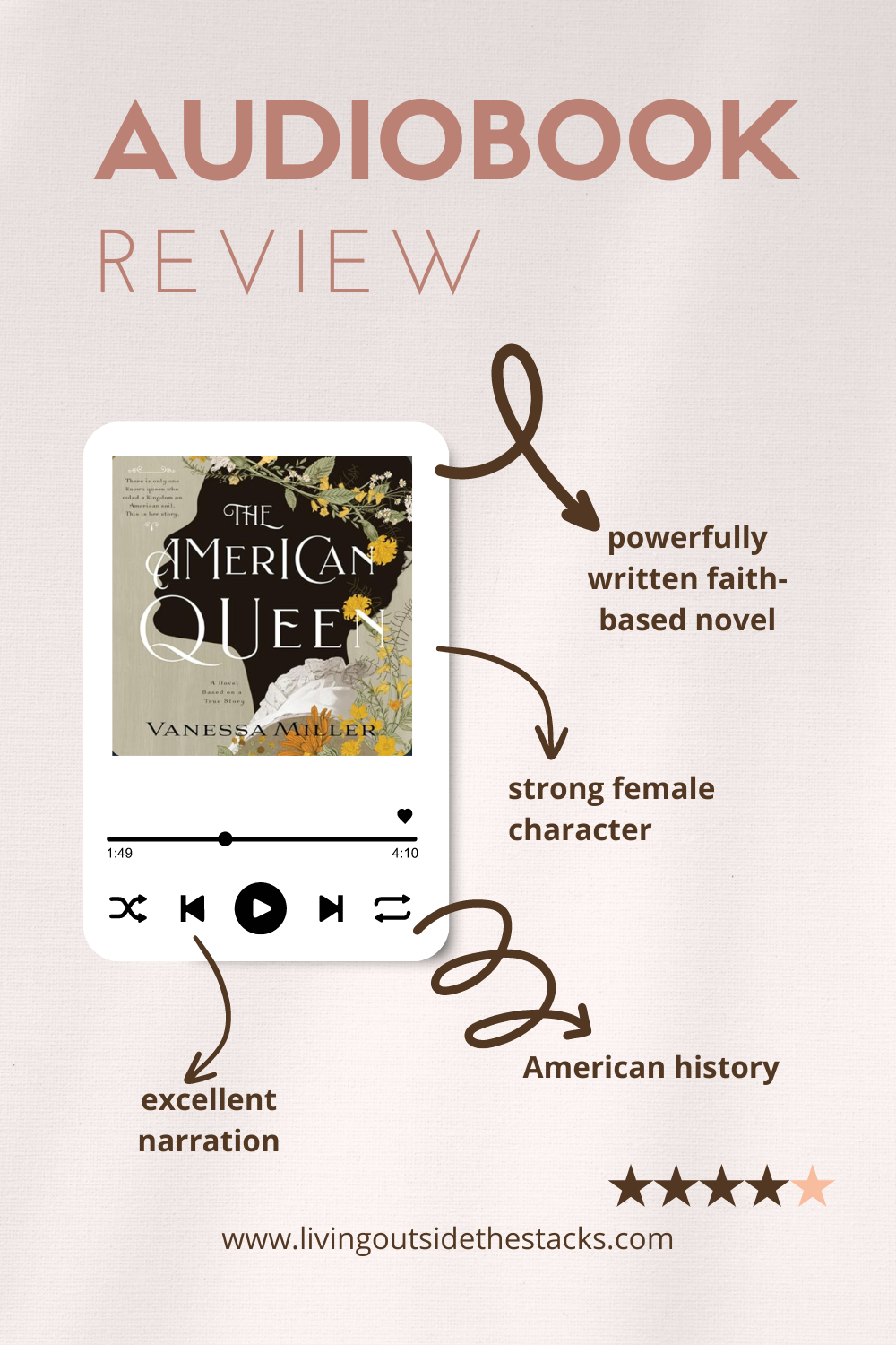 Audiobook Review The American Queen Pinterest 3 {living outside the stacks} #BookReview #NetGalley #TheAmericanQueen #VanessaMiller