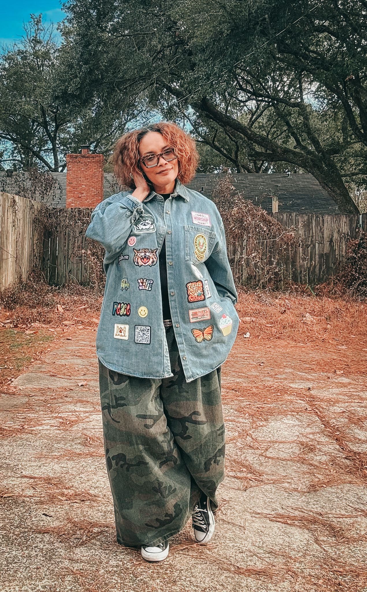 DIY Denim Patch Jacket and Camo Pants {living outside the stacks} Follow @livingoutsidethestacks on Pinterest
