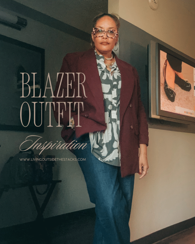 Burgundy Blazer Geometric Floral Top and Jeans {living outside the stacks} Follow @DaenelT on Instagram 001 #Blazer #FloralBlouse #GenX #Jeans #LibrarianStyle #OOTD