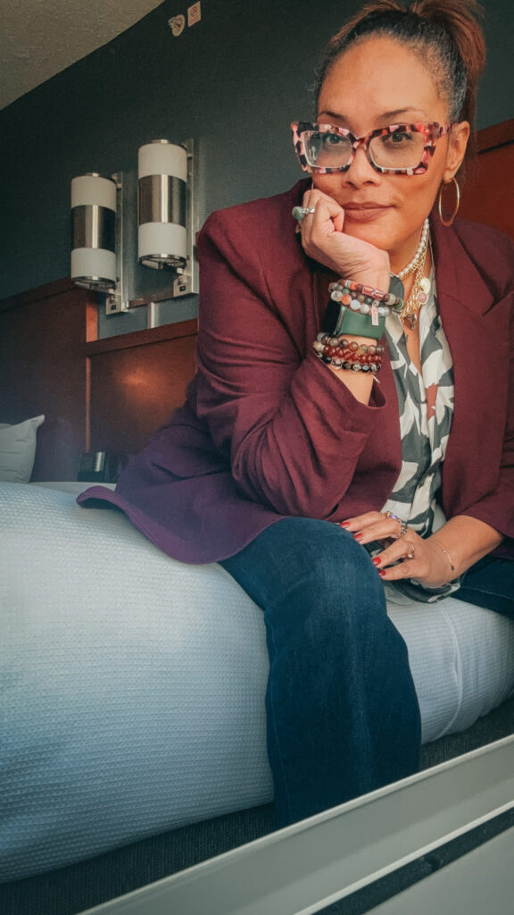Burgundy Blazer Geometric Floral Top and Jeans {living outside the stacks} Follow @DaenelT on Instagram 001 #Blazer #FloralBlouse #GenX #Jeans #LibrarianStyle #OOTD