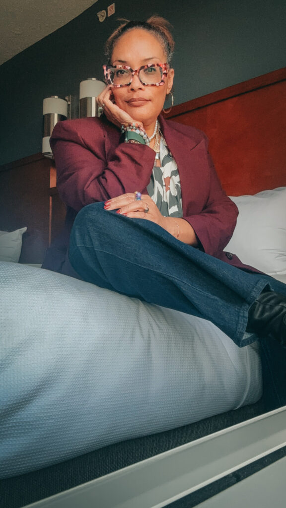 Burgundy Blazer Geometric Floral Top and Jeans {living outside the stacks} Follow @DaenelT on Instagram 008 #Blazer #FloralBlouse #GenX #Jeans #LibrarianStyle #OOTD