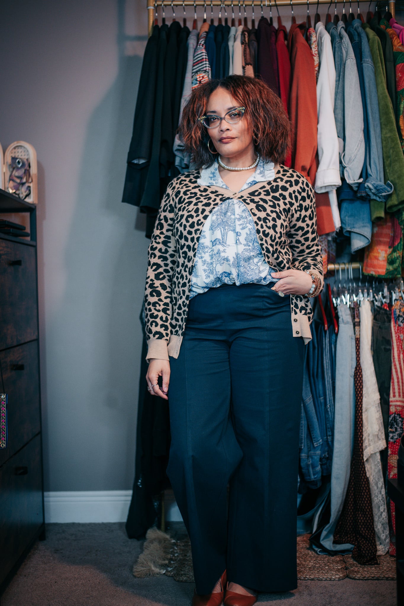 Animal Print Cardi with Blue Toile Shirt and Dark Denim Jeans {living outside the stacks} Follow @DaenelT on Instagram