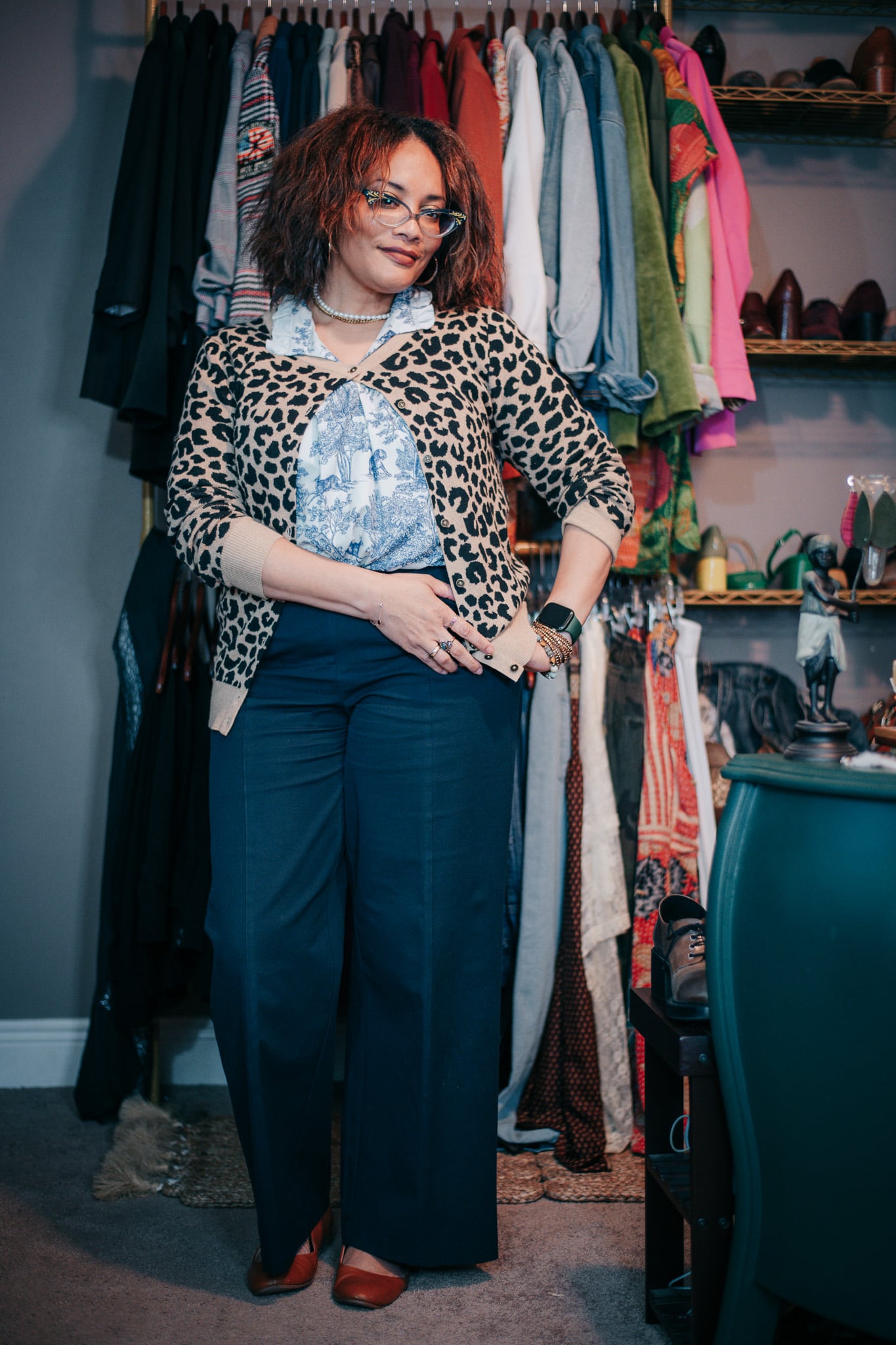 Animal Print Cardi with Blue Toile Shirt and Dark Denim Jeans {living outside the stacks} Follow @DaenelT on Instagram