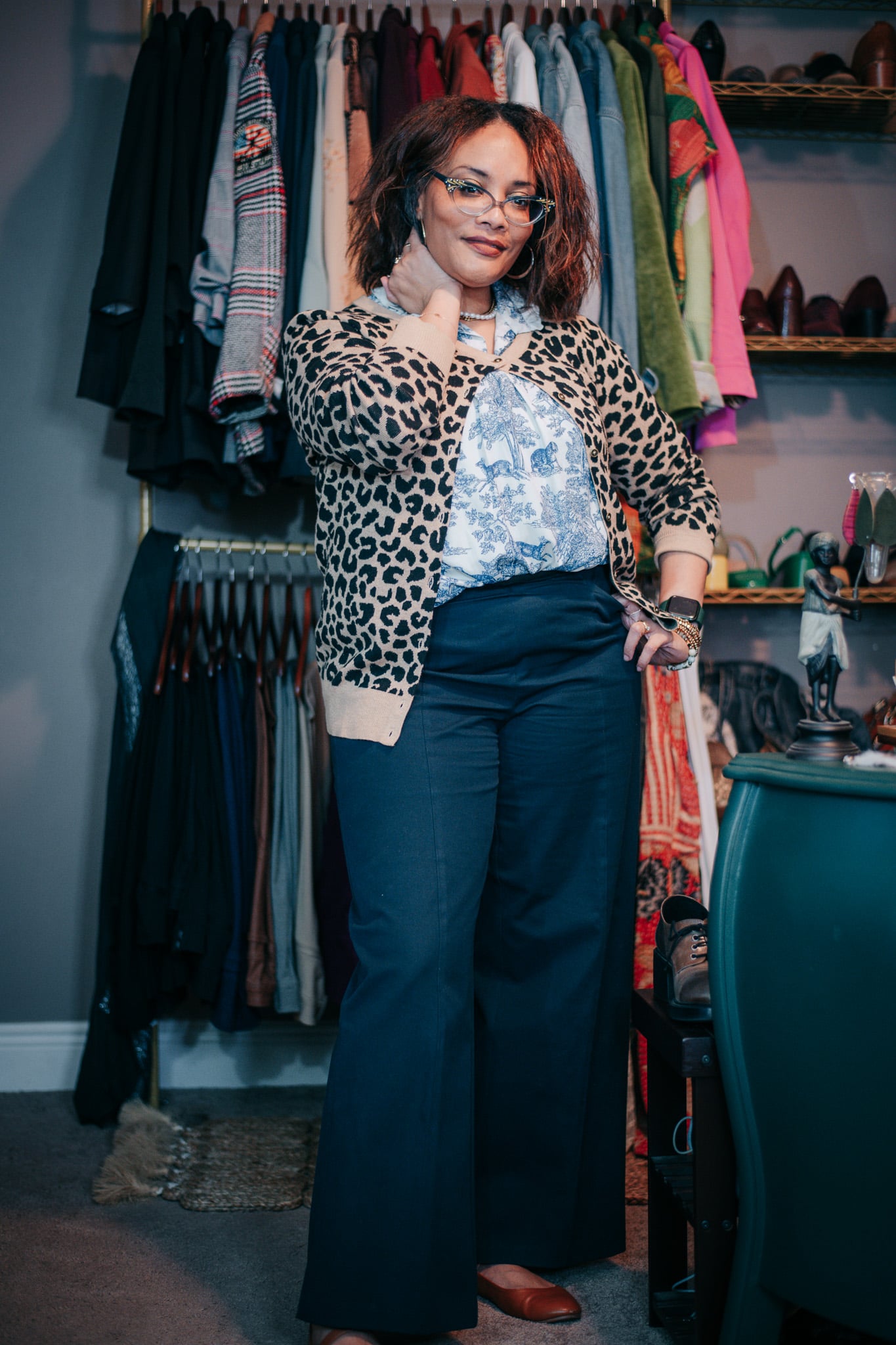 Animal Print Cardi with Blue Toile Shirt and Dark Denim Jeans {living outside the stacks} Follow @DaenelT on Instagram